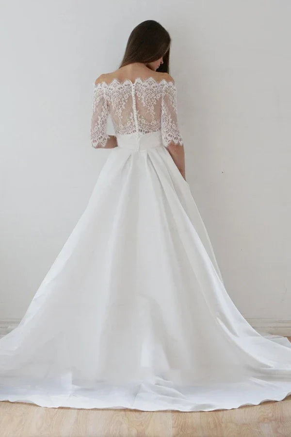 Vestido de novia de dos piezas de satén con encaje y hombros descubiertos, corte A y cola larga